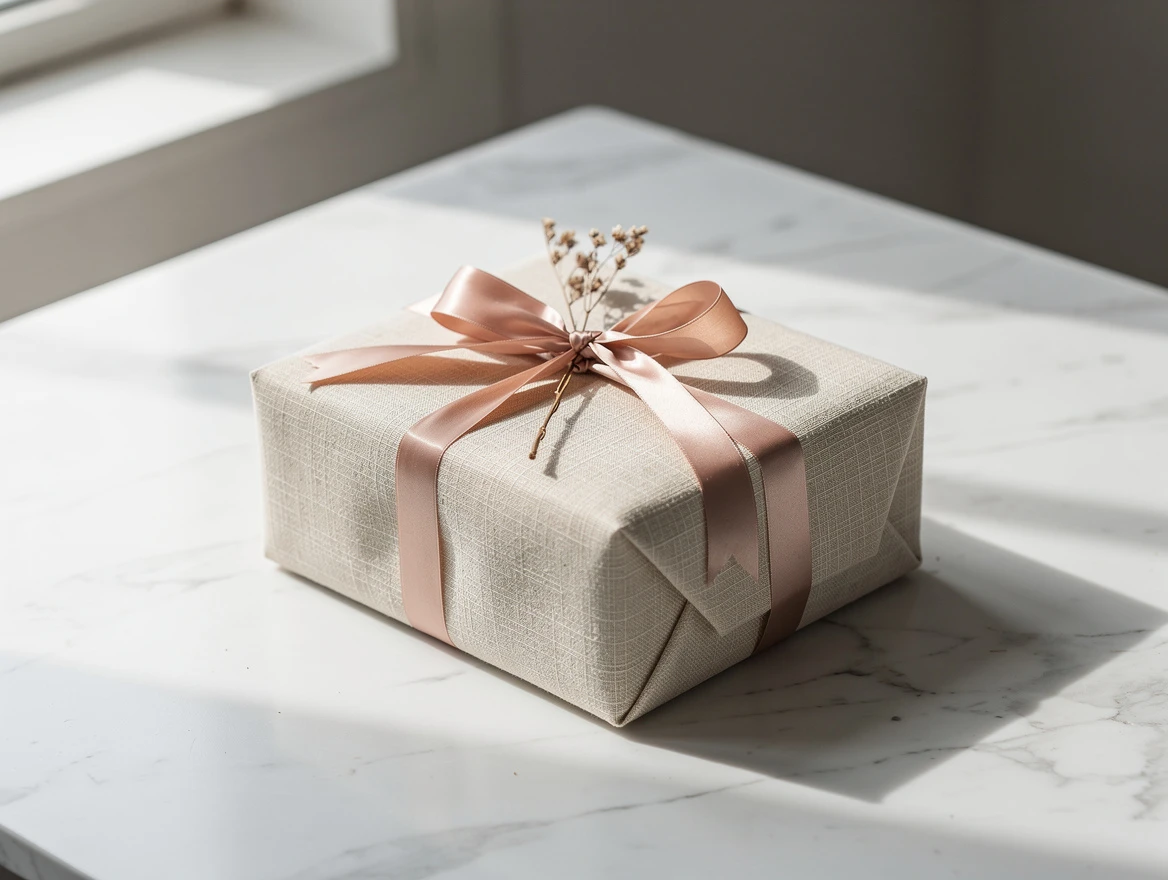Elegant verpackte Geschenke mit Satinschleifen und festlicher Dekoration